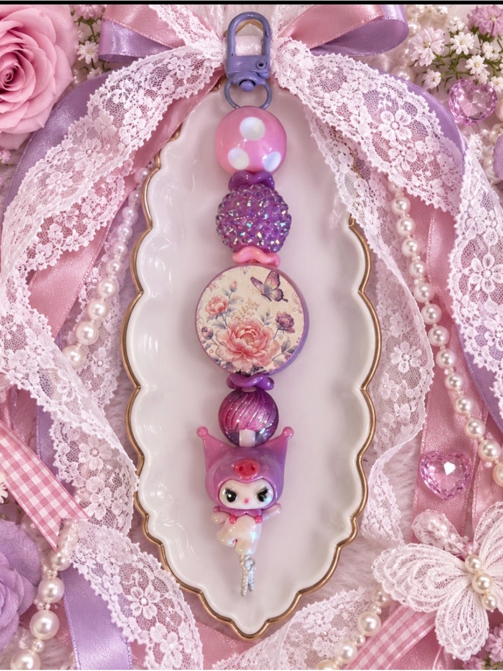 Hand Crafted Purple and Pink Beaded Kawaii Keychain
